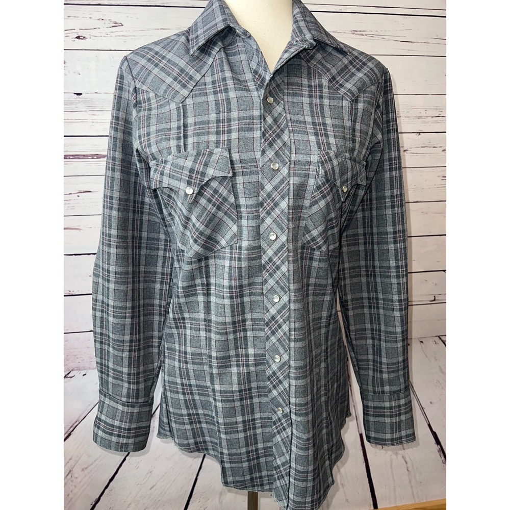 Fenton Vintage Western Shirt 14.5 x 33 Mens Plaid Gray Cowboy Pearl‎ Snap USA